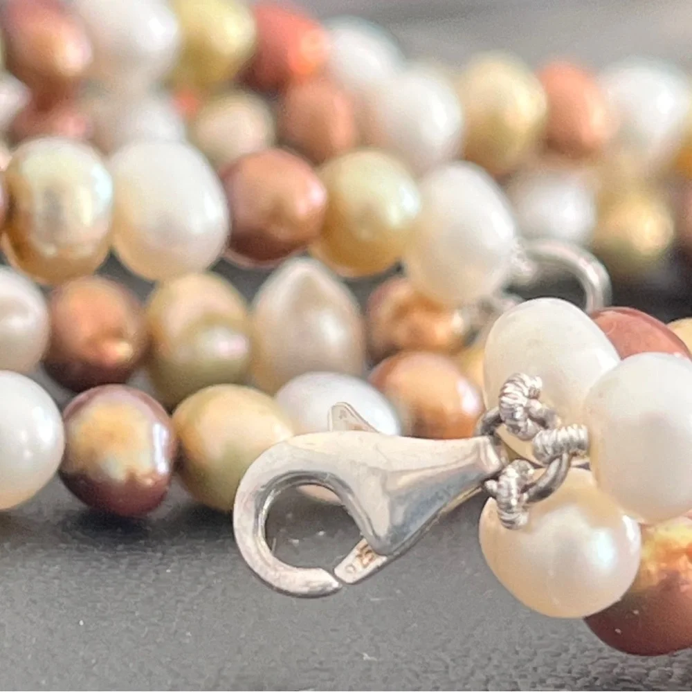 Triple Strand Multicolor Freshwater Pearl Sterling Silver Necklace, 17.5”
